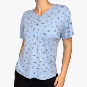 Nick & Sarah henley short sleeve shirt light blue floral button up cottage core